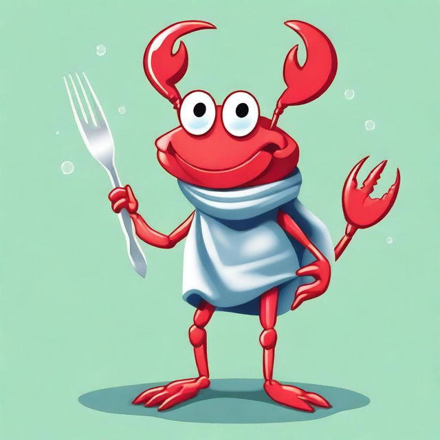 A creative illustration of a young red crab wearing a plastic bag as a scarf and holding a fork as a weapon