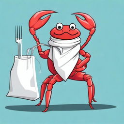 A creative illustration of a young red crab wearing a plastic bag as a scarf and holding a fork as a weapon