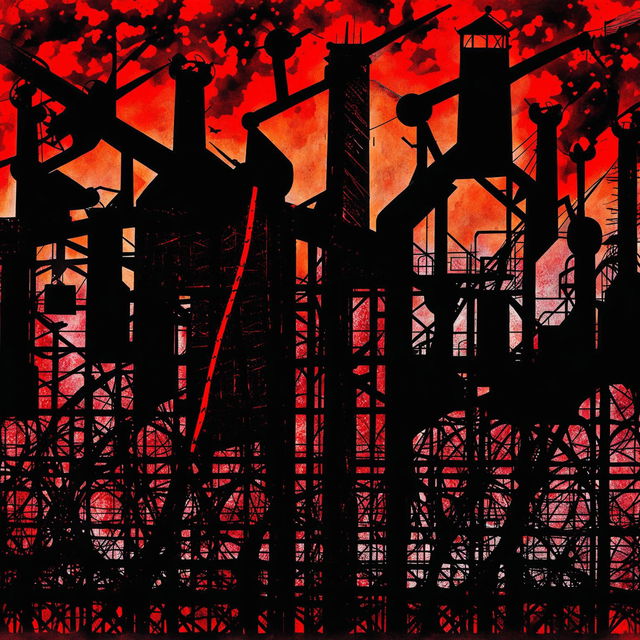 A dark abstract illustration capturing the essence of Romanian Communism, using deep reds, blacks, and grays, with jagged lines, fragmented patterns, and silhouettes of industrial structures and barbed wire to evoke oppression and turmoil