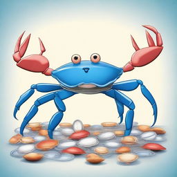 An imaginative illustration of a middle-aged blue crab constantly changing shells, using unconventional items like tin cans, plastic cups, and other discarded objects as its shells