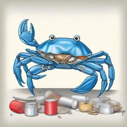 An imaginative illustration of a middle-aged blue crab constantly changing shells, using unconventional items like tin cans, plastic cups, and other discarded objects as its shells