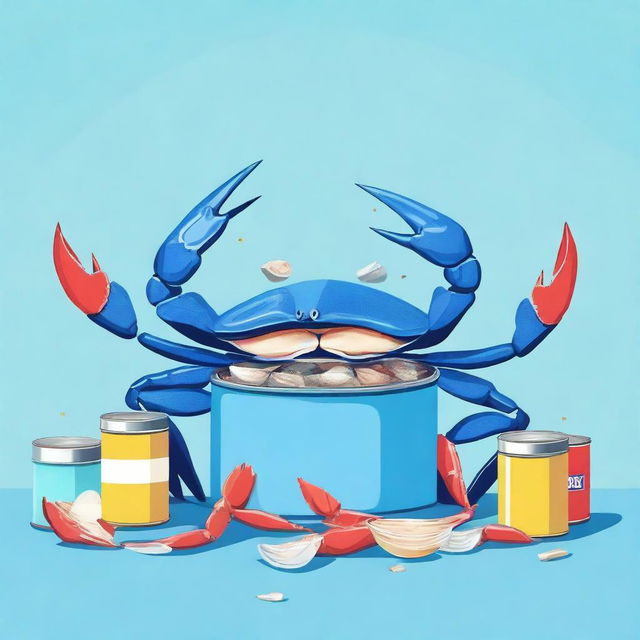 An imaginative illustration of a middle-aged blue crab constantly changing shells, using unconventional items like tin cans, plastic cups, and other discarded objects as its shells