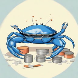 An imaginative illustration of a middle-aged blue crab constantly changing shells, using unconventional items like tin cans, plastic cups, and other discarded objects as its shells