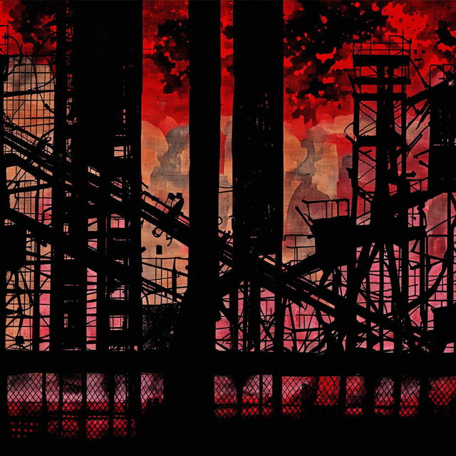 A dark abstract illustration capturing the essence of Romanian Communism, using deep reds, blacks, and grays, with jagged lines, fragmented patterns, and silhouettes of industrial structures and barbed wire to evoke oppression and turmoil