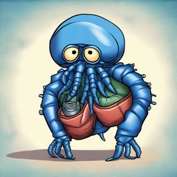 An imaginative illustration of a middle-aged blue hermit crab, depicted as a middle-aged man, constantly changing shells