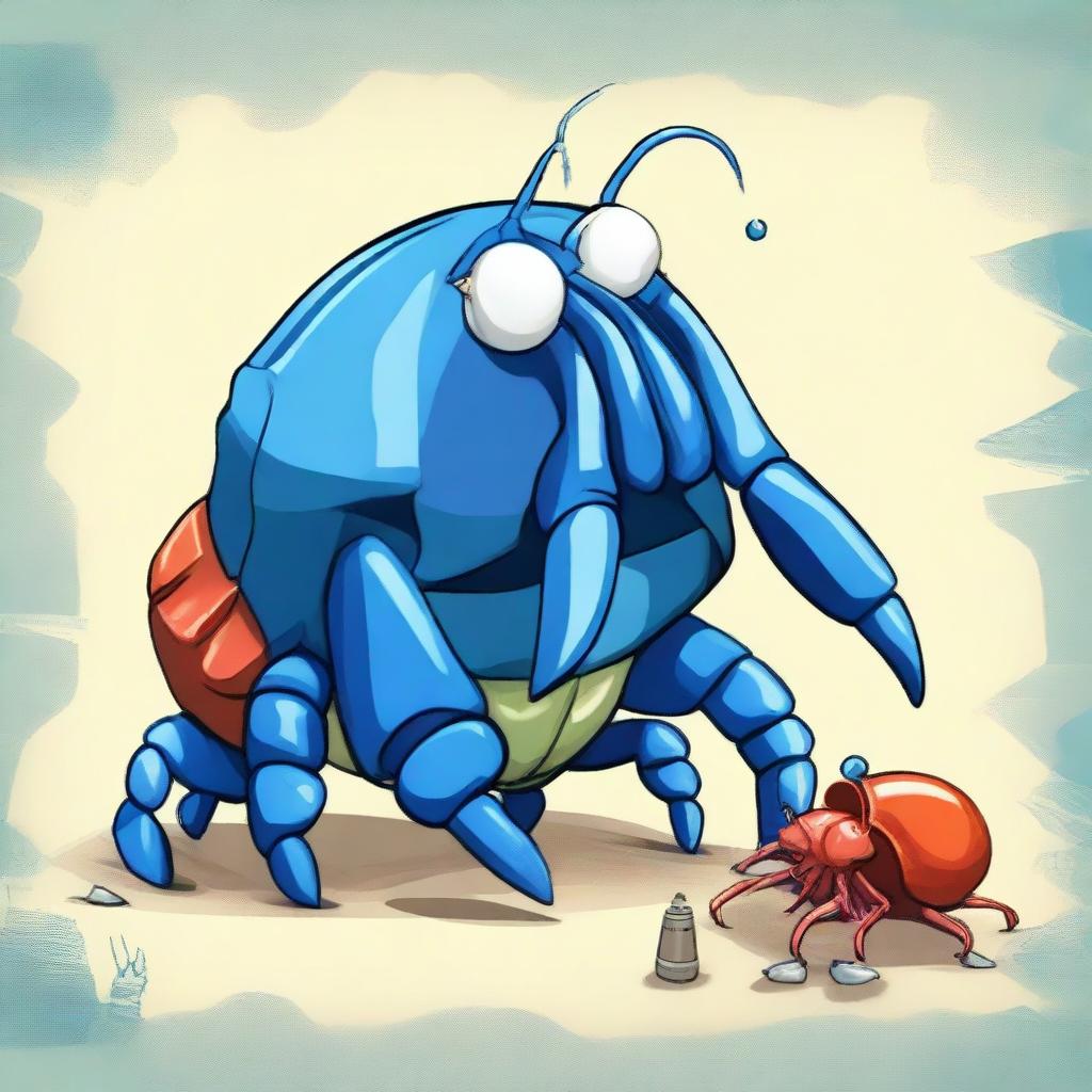 An imaginative illustration of a middle-aged blue hermit crab, depicted as a middle-aged man, constantly changing shells