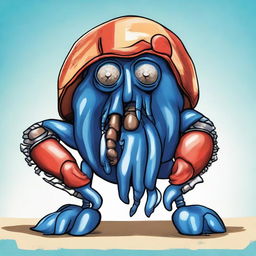 An imaginative illustration of a middle-aged blue hermit crab, depicted as a middle-aged man, constantly changing shells