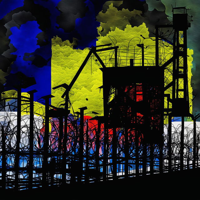 A dark abstract illustration capturing the essence of Romanian Communism, using the colors blue, yellow, and red along with deep blacks and grays, featuring jagged lines, fragmented patterns, and silhouettes of industrial structures and barbed wire to evoke oppression and turmoil