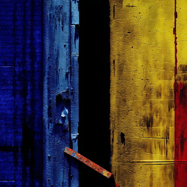 An abstract illustration capturing the essence of Romanian Communism with a faded, crumbling blue, yellow, and red background, a rusted iron bar, and a dark abstract backdrop