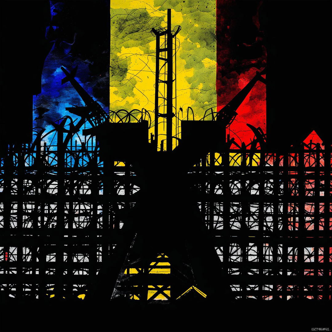 A dark abstract illustration capturing the essence of Romanian Communism, using blue, yellow, and red with deep blacks and grays, featuring jagged lines, fragmented patterns, and silhouettes of industrial structures and barbed wire to evoke oppression and turmoil