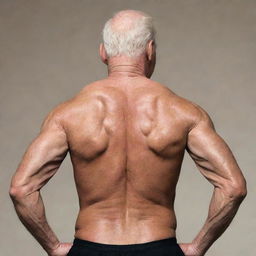 A 100-year-old man with a muscular bodybuilder physique, viewed from a 3/4th angle, emphasising the detailing on his back muscles.