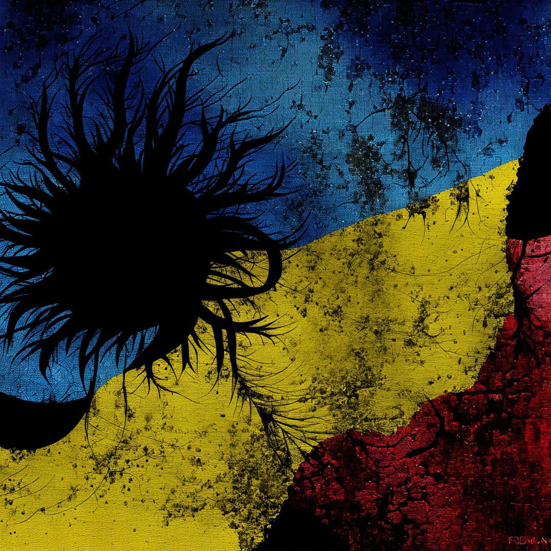 An abstract illustration featuring the distressed blue, yellow, and red colors of the Romanian flag, symbolizing the decay and struggle of Romanian Communism, set against a dark and foreboding backdrop