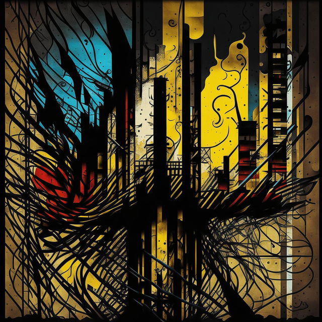 A dark abstract illustration depicting Romanian Communism with distressed blue, yellow, and red colors, featuring fragmented patterns, jagged lines, and silhouettes of industrial structures to evoke oppression and struggle