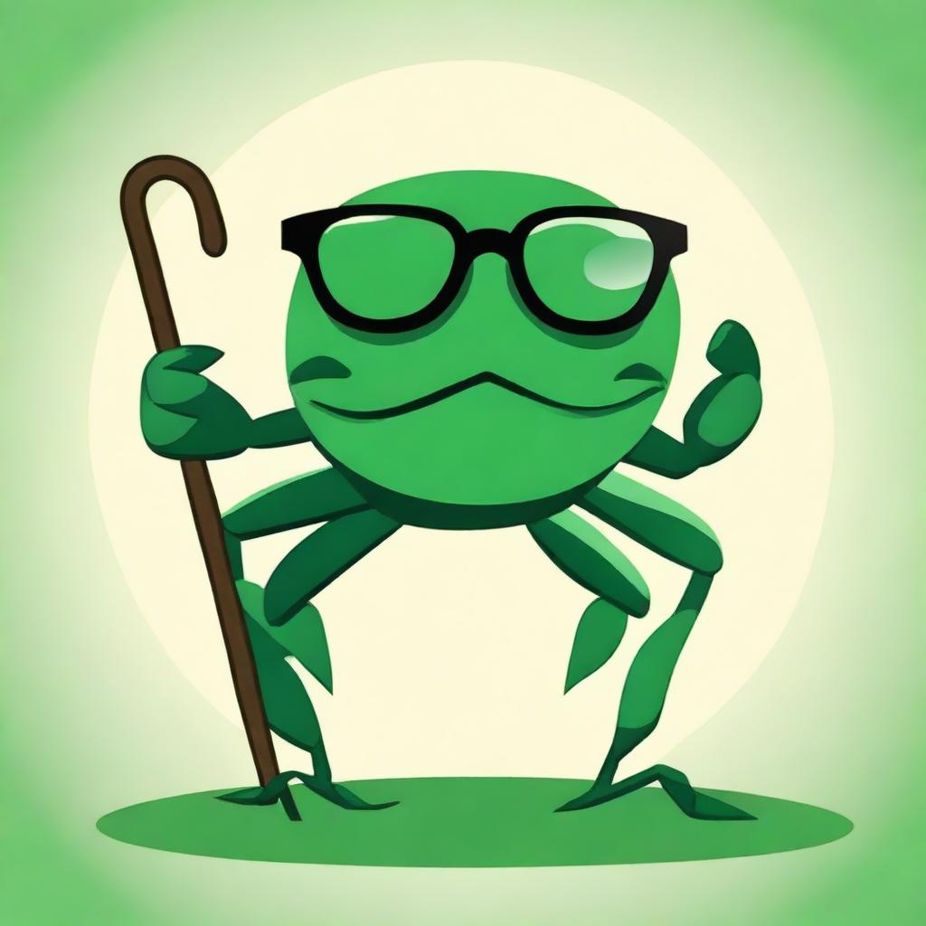 A charming illustration of an old dark green crab wearing glasses and holding a cane