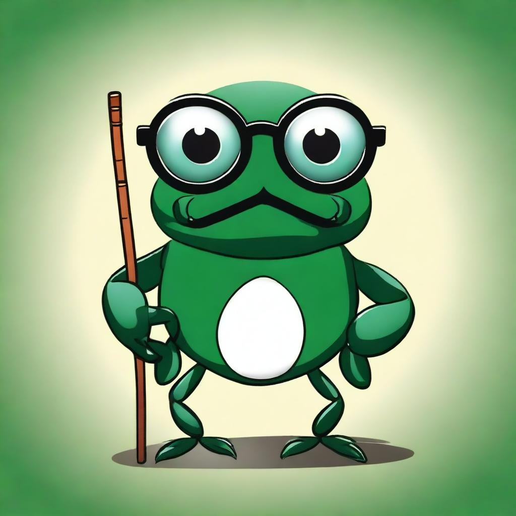 A charming illustration of an old dark green crab wearing glasses and holding a cane