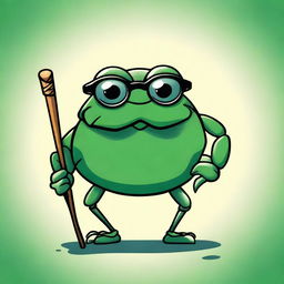 A charming illustration of an old dark green crab wearing glasses and holding a cane