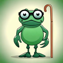 A charming illustration of an old dark green crab wearing glasses and holding a cane