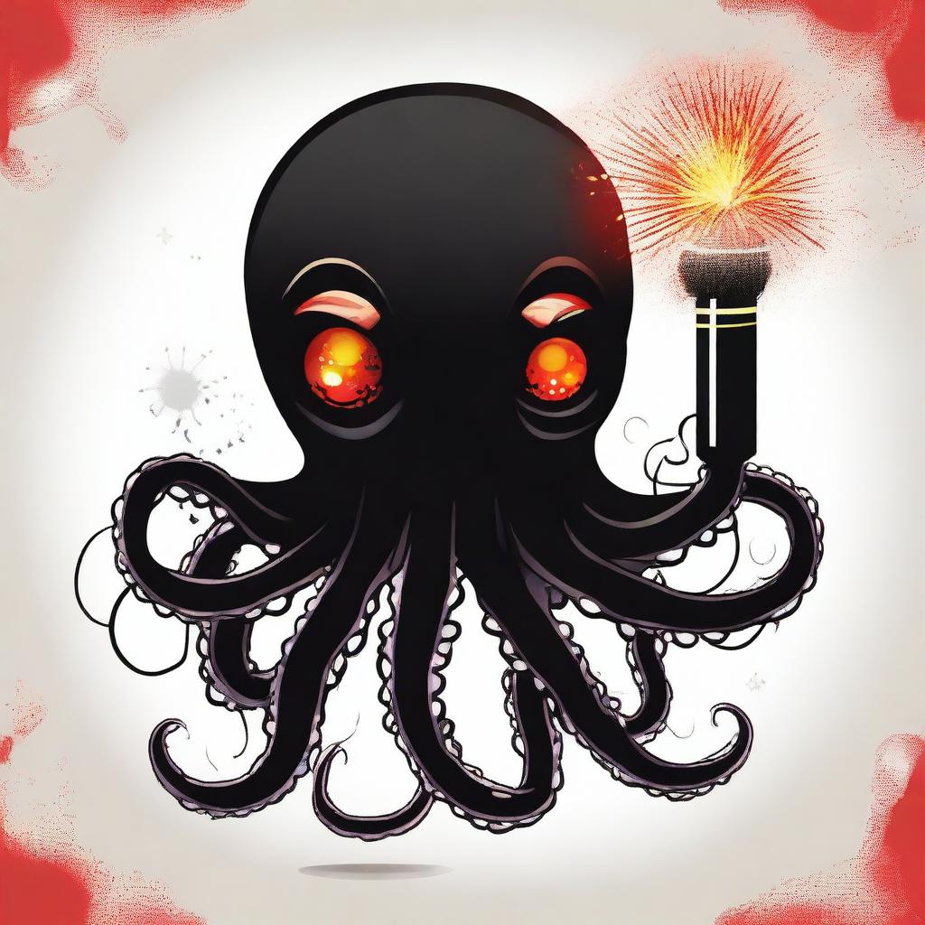 A striking illustration of a black octopus with glowing red eyes, holding a festive firecracker as a weapon