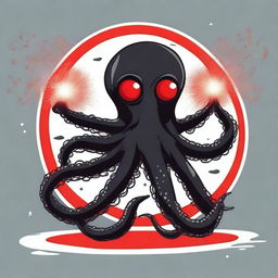 A striking illustration of a black octopus with glowing red eyes, holding a festive firecracker as a weapon