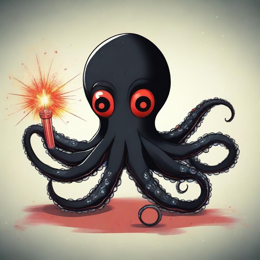 A striking illustration of a black octopus with glowing red eyes, holding a festive firecracker as a weapon