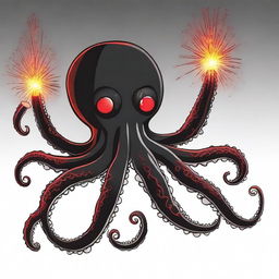 A striking illustration of a black octopus with glowing red eyes, holding a festive firecracker as a weapon