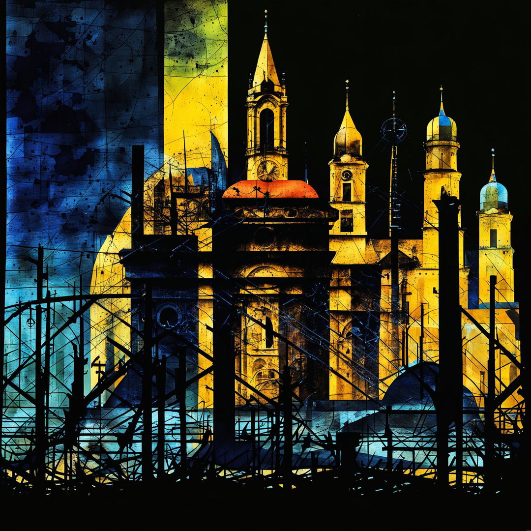 A dark abstract illustration depicting Communism in Cluj with distressed blue, yellow, and red colors, featuring fragmented patterns, jagged lines, and silhouettes of industrial structures and iconic landmarks