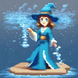 Create an image of a female water magician in a pixel art style