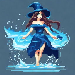 Create an image of a female water magician in a pixel art style