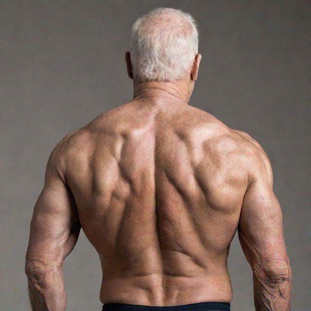 A 100-year-old man with a muscular bodybuilder physique, viewed from a 3/4th angle, emphasising the detailing on his back muscles.