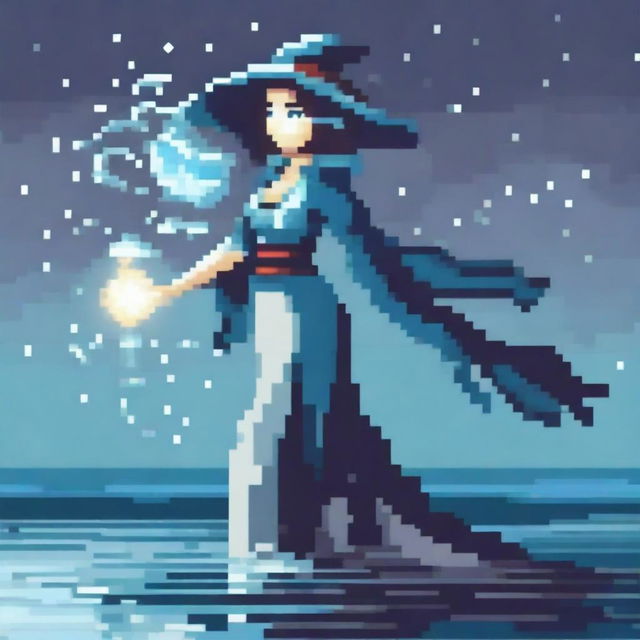 Create an image of a female water magician in a pixel art style