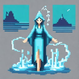 Create an image of a female water magician in a pixel art style