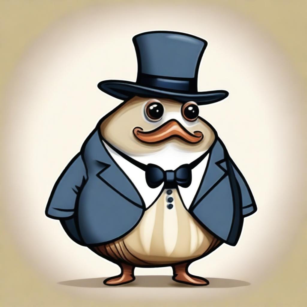 A whimsical illustration of a clam dressed in a business suit, complete with a monocle and a hat