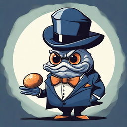 A dramatic illustration of an evil clam dressed in a business suit, complete with a monocle and a hat