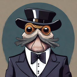 A dramatic illustration of an evil clam dressed in a business suit, complete with a monocle and a hat