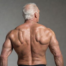 A 100-year-old man with a muscular bodybuilder physique, viewed from a 3/4th angle, emphasising the detailing on his back muscles.