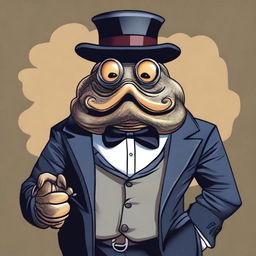 A dramatic illustration of an evil clam dressed in a business suit, complete with a monocle and a hat