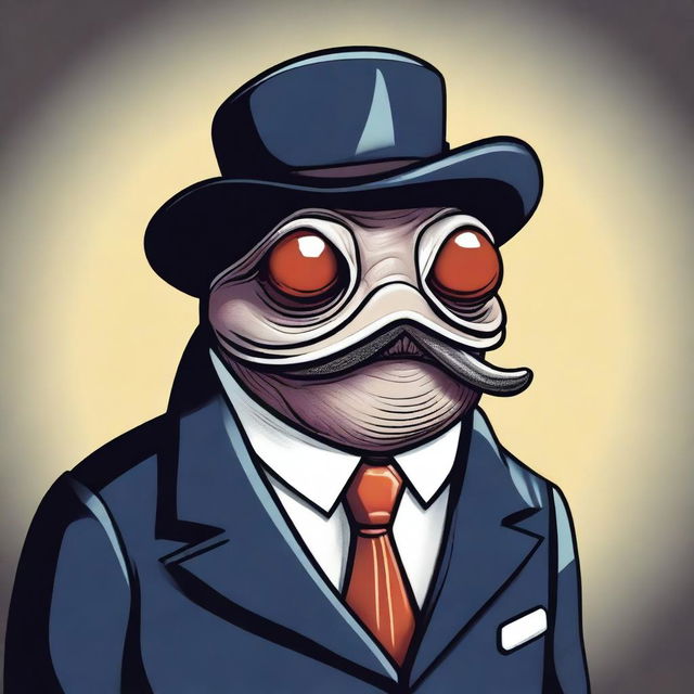 A dramatic illustration of an evil clam dressed in a business suit, complete with a monocle and a hat