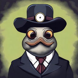 A dramatic illustration of an evil clam dressed in a business suit, complete with a monocle and a hat