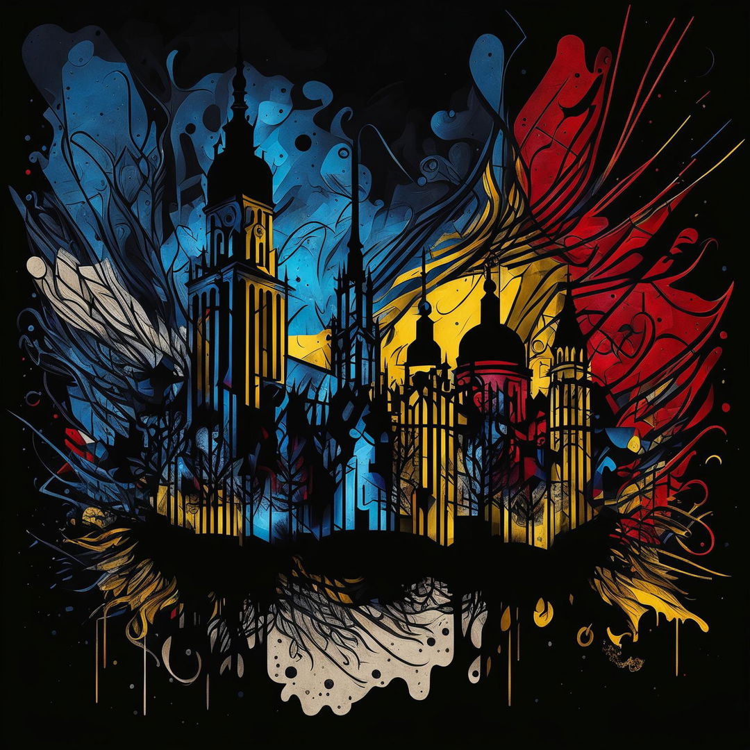 A dark abstract illustration depicting Cluj, Romania, with vibrant yet distressed blue, yellow, and red colors, featuring fragmented patterns, jagged lines, and silhouettes of iconic landmarks