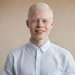 A portrait of a handsome man with albinism, standing confidently with a gentle smile on his face.