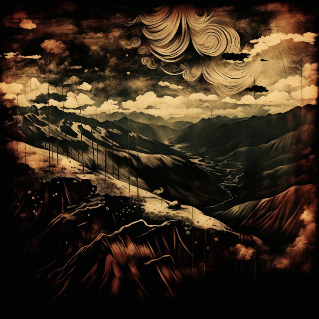 An abstract, dark vintage illustration of the Carpathian Mountains with streaky, swirling skies, capturing a moody and atmospheric ambiance