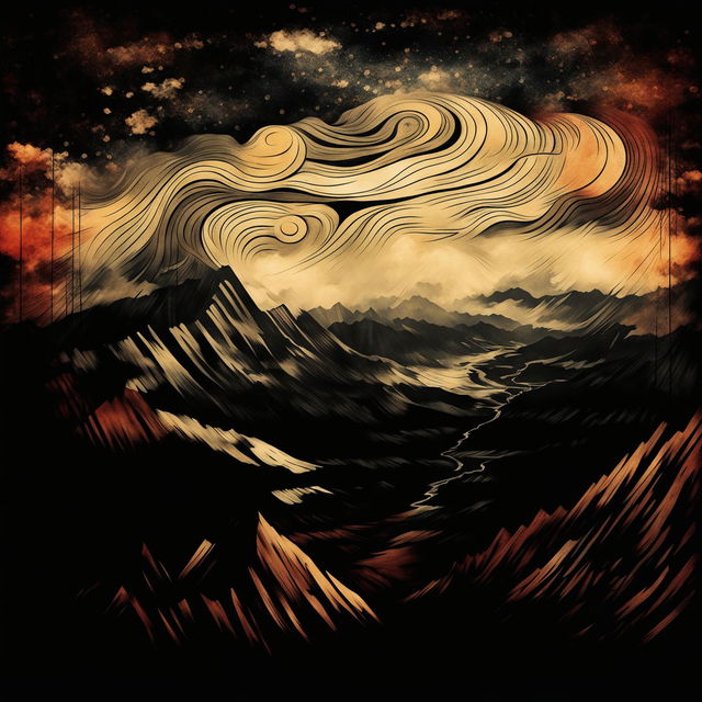 An abstract, dark vintage illustration of the Carpathian Mountains with streaky, swirling skies, capturing a moody and atmospheric ambiance