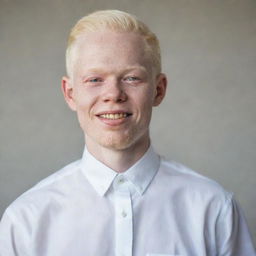 A portrait of a handsome man with albinism, standing confidently with a gentle smile on his face.