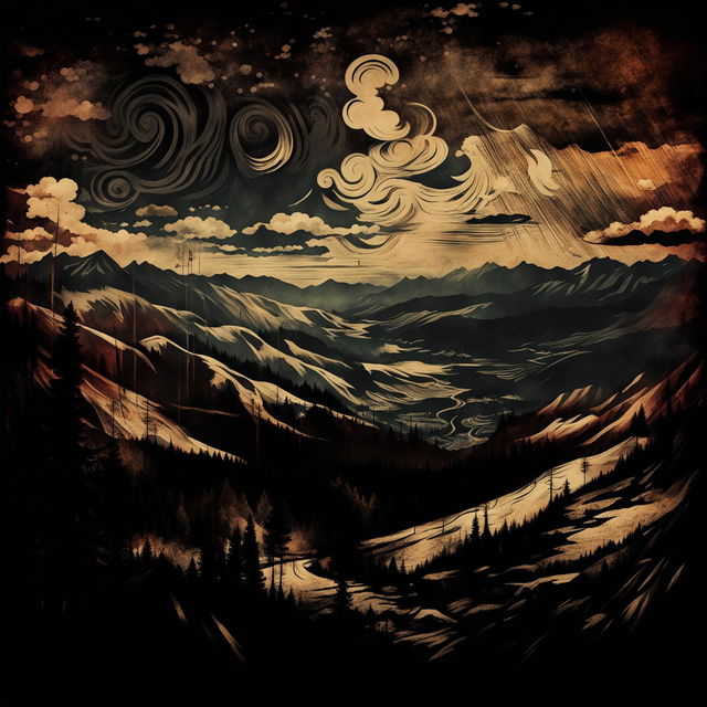 An abstract, dark vintage illustration of the Carpathian Mountains with streaky, swirling skies, capturing a moody and atmospheric ambiance