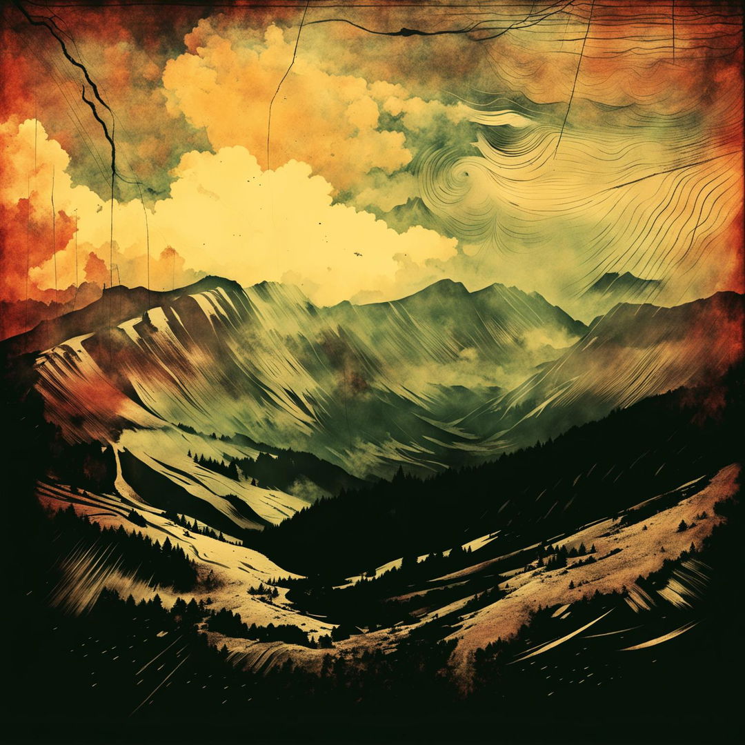 An abstract, vintage illustration of the Carpathian Mountains with streaky, swirling skies, capturing a nostalgic and atmospheric ambiance