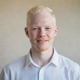 A portrait of a handsome man with albinism, standing confidently with a gentle smile on his face.