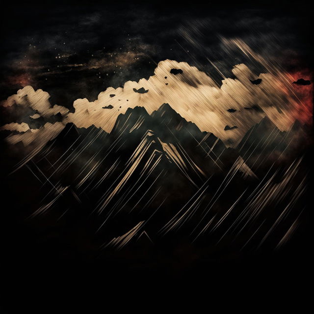 An evocative illustration of the Carpathian Mountains in a dark vintage style with streaky, abstract skies, creating a dramatic and mysterious atmosphere