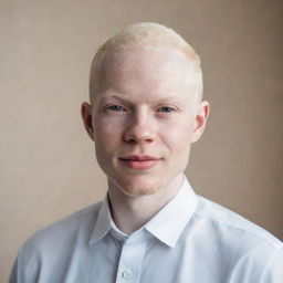 A portrait of a handsome man with albinism, standing confidently with a gentle smile on his face.