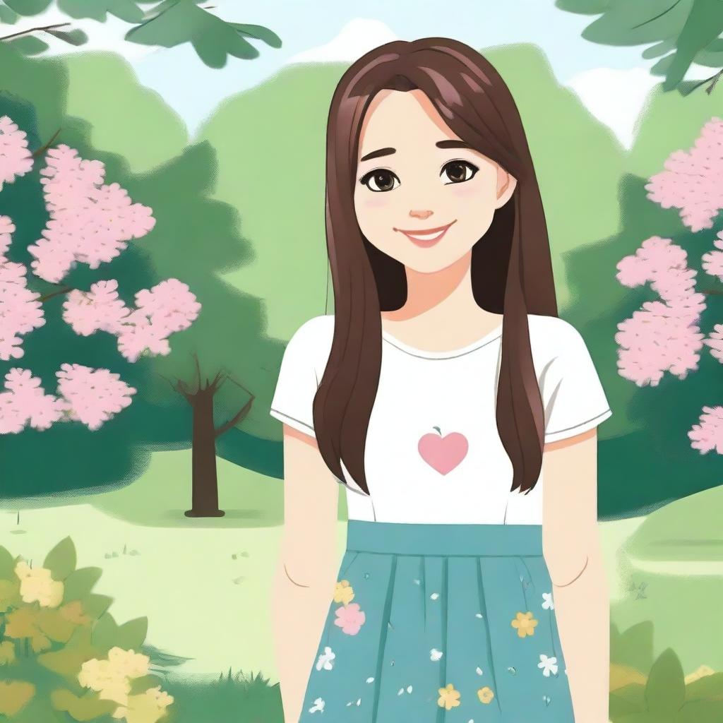 Create an image of a young girl with a friendly smile, standing in a park with trees and flowers around her