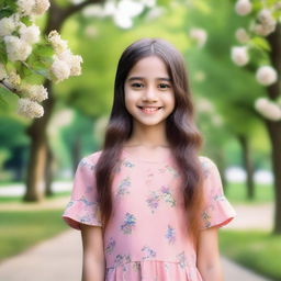 Create an image of a young girl with a friendly smile, standing in a park with trees and flowers around her